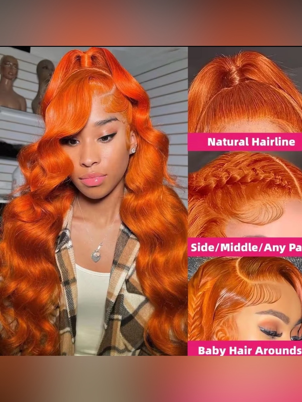Vibrant Orange Wave Human Hair Wig - Bold Copper Orange